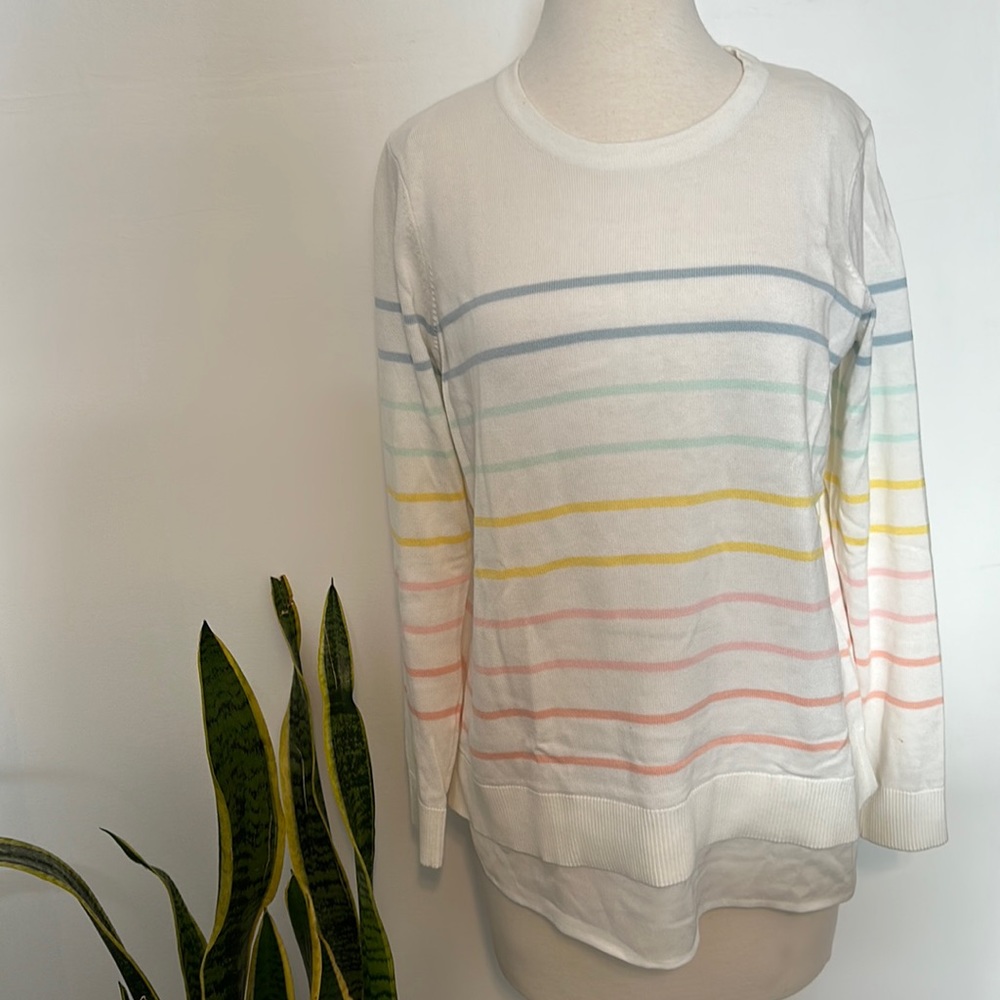 Calvin Klein • White Rainbow Stripe Lace Trim Sweater